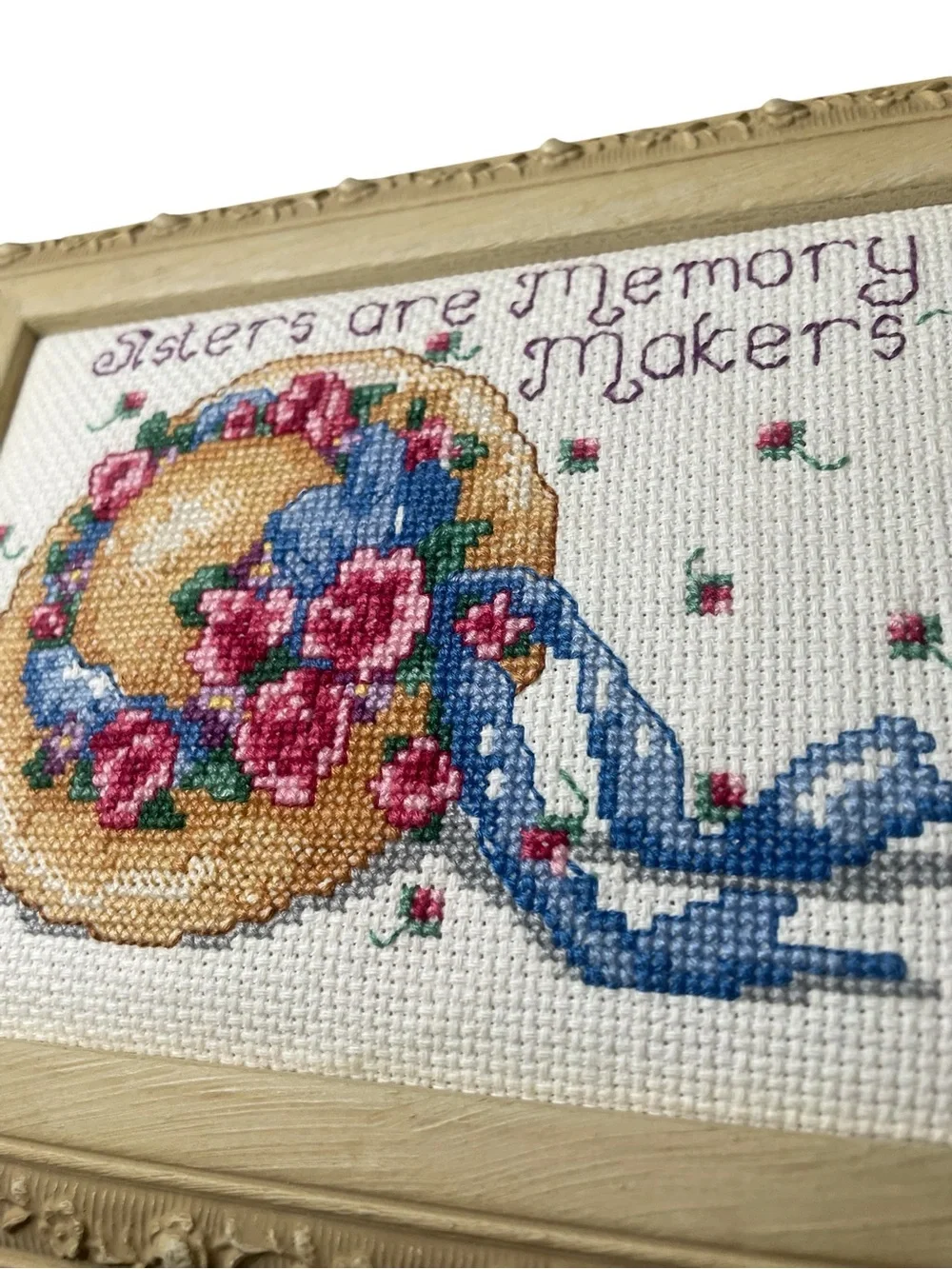 Framed Cross-Stitch Wall Art - Pink & Blue Floral Straw Hat “sisters” sentiment